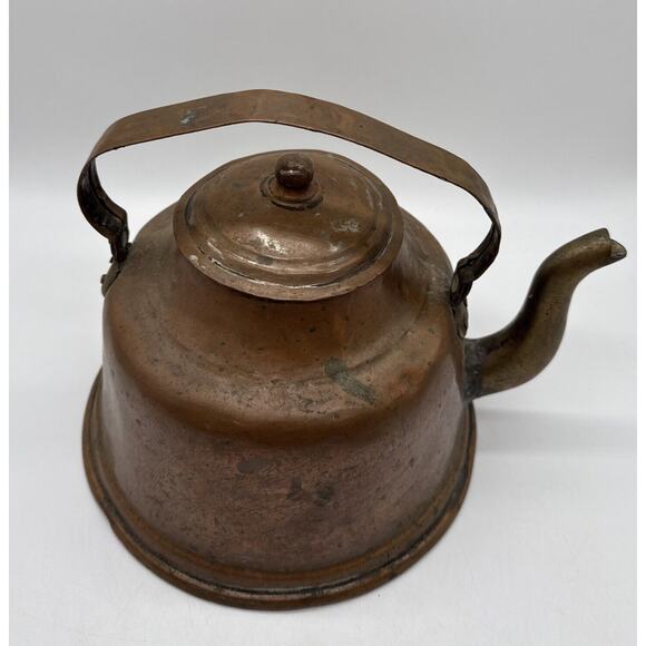 Primitive Farmhouse Copper Tea Kettle With Brass Goose Neck Spout As Is Patina - Picture 2 of 10
